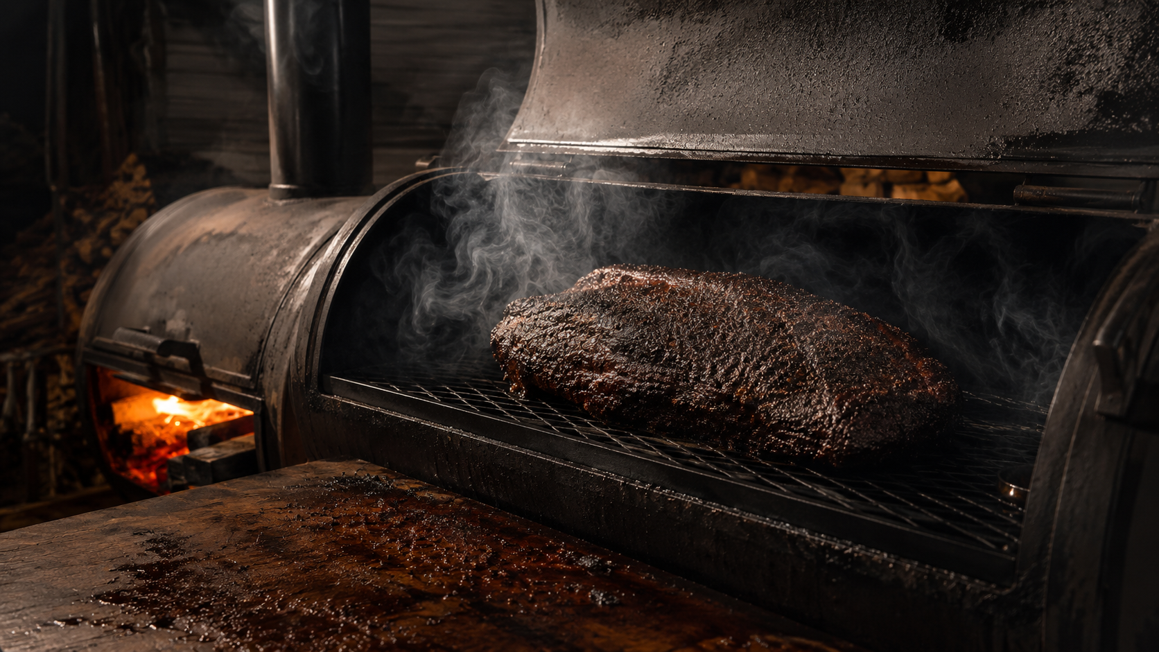 Brisket smoking over oak fire in offset smoker